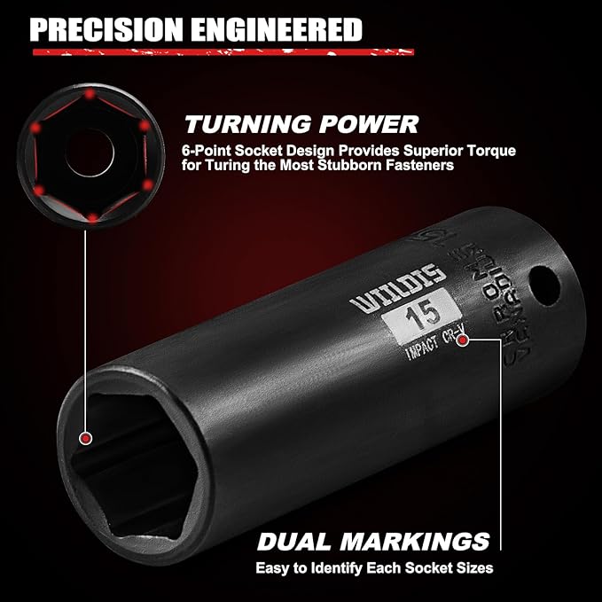 21 Pieces 3/8" Drive Deep Impact Socket Set, Standard SAE (5/16"to 3/4") & Metric (7mm to 19mm), 6 Point Design, Deep, Premium Cr-V Steel