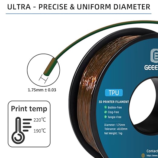 Geeetech TPU Filament 1.75mm, Shore 95A ??Flexible 3D Printer Filament with High Elasticity, 1KG (2.2lbs) Spool, Dimensional Accuracy 짹0.03mm, Fits Most FDM Printers (Clear Brown)