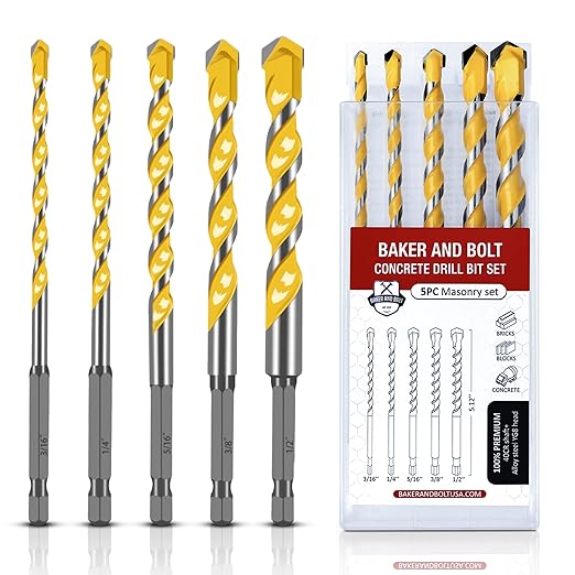 Baker and Bolt Extra 5 Pcs 5.12" Masonry Drill Bit Set for Concrete High-Speed Steel Drill Bits Set with Storage Sleeve (3/16"-1/2")