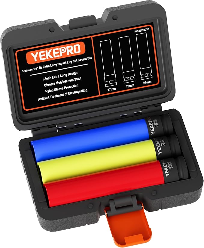 3-Piece 1/2" Drive Extra Long Impact Lug Nut Socket Set, 6" Thin Wall, 17mm 19mm 21mm, with Color Protective Sleeves