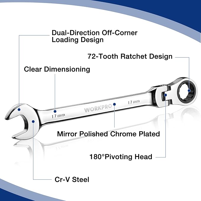 WORKPRO 8-piece Flex-Head Ratcheting Combination Wrench Set, Metric 8-17mm, 72-Teeth, Cr-V Constructed, Mirror Polished Chrome Plated with Roll Up Pouch
