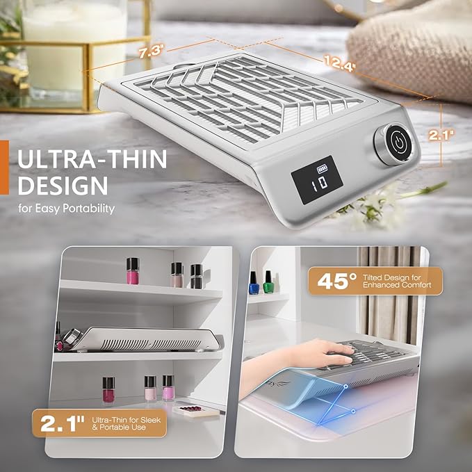 Professional Nail Dust Collector, 48W Rechargeable Nail Vacuum Dust Collector with Filter, Quiet Nail Dust Suction Machine Nail Tech Supplies for Manicure Pedicure Acrylic Nail Polishing