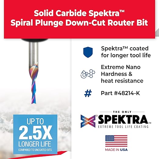 Amana Tool 48214-K SC Spektra Extreme Tool Life Coated Spiral Plunge 3mm Dia x 12mm CH x 6mm SHK 50mm Long Down-Cut Router Bit