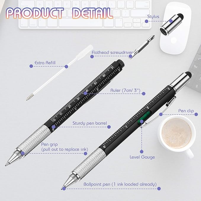 30 Pieces Tool Pen 6-in-1 Multitool Tech Tool Pen with Ruler, Level Gauge, Ballpoint Pen, Stylus Pen, Screwdriver and Slotted Screwdriver Christmas Multifunction Pen Tool Gadget Gifts for Men Dad
