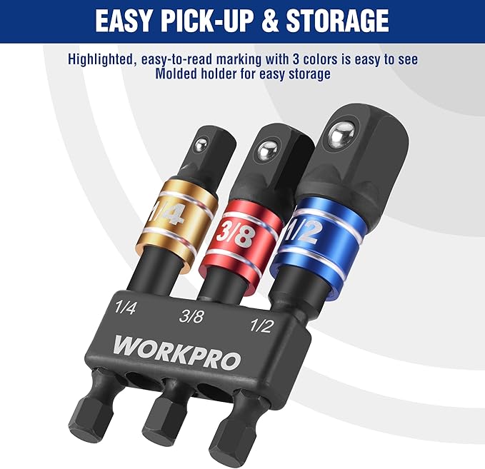 WORKPRO Impact Grade Socket Adapter Set, 1/4", 3/8", & 1/2" Drive, Extension Driver Bit With Holder, for Power Drill to High Torque Impact Wrench