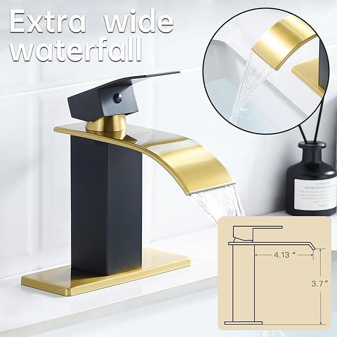 FRANSITON Waterfall Bathroom Faucet Lavatory Single Handle 1 or 3 Hole Bathroom Sink Faucet Washbasin Faucet with Deck and Pop-up Drain (Black & Gold, Short)