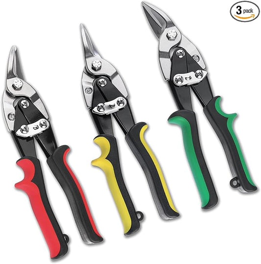 HAUTMEC 3-Piece Aviation Tin Snips for Cutting Metal Sheet, CR-V Steel Miter Shears for Straight, Left & Right Cuts, 10 Inch Heavy-Duty Sheet Metal Cutters with Safety Lock & Ergonomic Grip - HT0068
