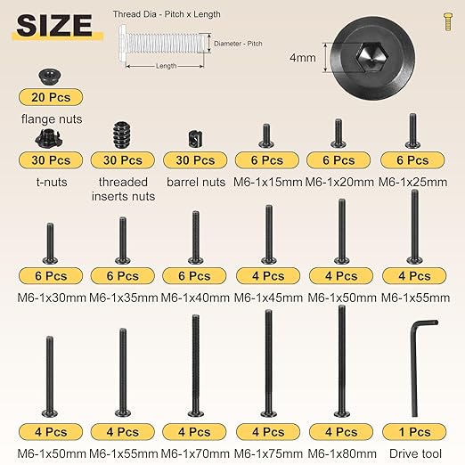 METALLIXITY Crib Screws Replacement Set(M6 x 15-80mm) 181Pcs, Connector Bolts M6 Screw Barrel Nuts T-Nuts and Flange Nuts Kits, for Chair Cabinet Bed, Black