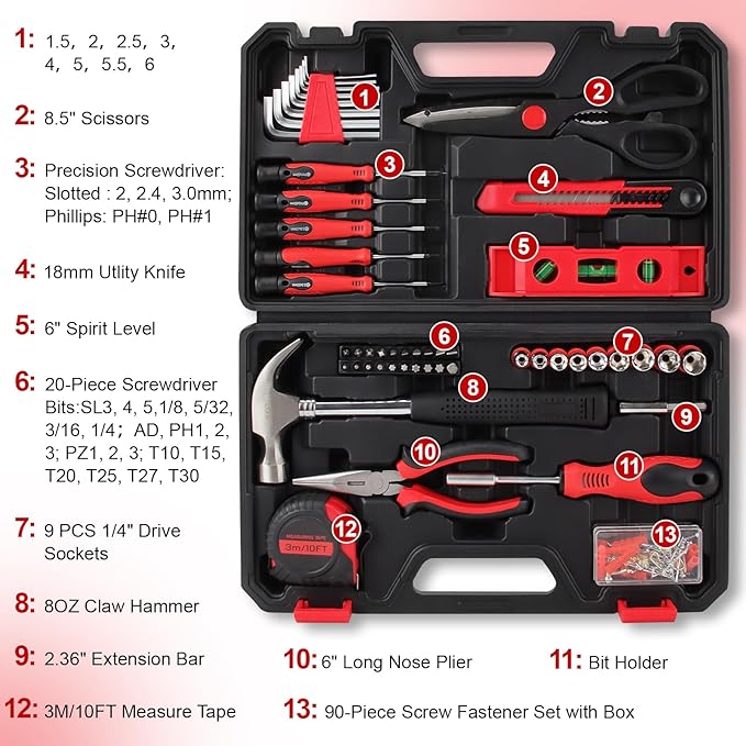 ARUCMIN 51-Piece Red Tool Set, Home Tool Kit with Toolbox Storage Case Home Repair Tool Kit with Drawer for Women