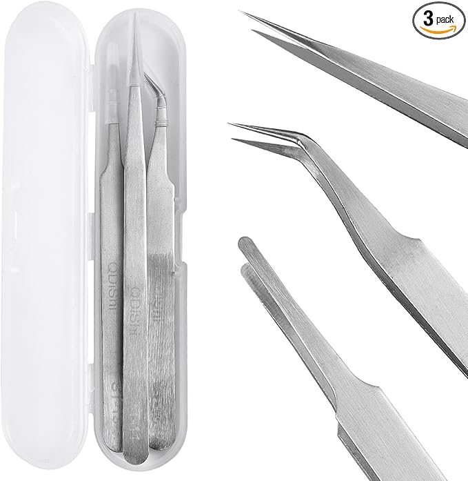 QDiShi Precision Tweezers Set,Upgraded Stainless Steel of Tweezers - Extra Fine,Angled,Blunt Tips for Electronics,Hobby, Industrial,Laboratory Work,Jewelry-Making,Model,Craft（3Pcs）