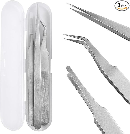 QDiShi Precision Tweezers Set,Upgraded Stainless Steel of Tweezers - Extra Fine,Angled,Blunt Tips for Electronics,Hobby, Industrial,Laboratory Work,Jewelry-Making,Model,Craft（3Pcs）