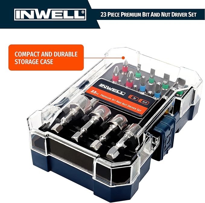23 Piece Premium Screwdriver Bit Set,Nut Driver Set,Driver Bit Set - S2 Steel Color Bits Set - Magnetic Tips - Phillips,Slotted,Square and Torx - for Power Drill