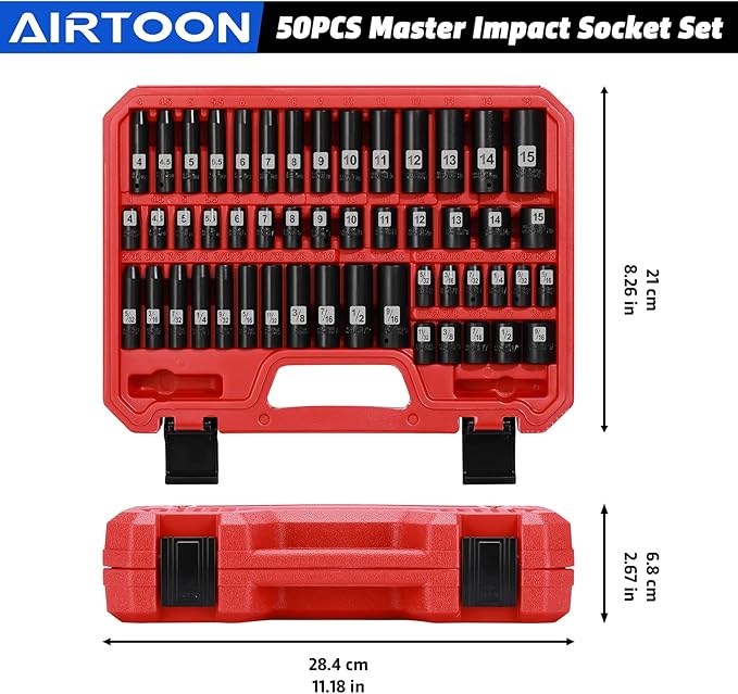 AIRTOON 1/4" Drive Impact Socket Set, 50-Piece, SAE (5/32 to 9/16 inch) and Metric (4-15mm) Size, Deep/Shallow, 6 Point, CR-V, Master Impact Socket for Household, Automotive Repair