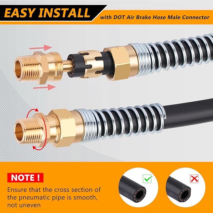 Brass DOT Air Brake Hose End Fitting, 3/8??Hose x 3/8??Male Connector with Spring Guard, 2 Pack Air Brake Hose Fitting with 2 Pack Fitting Sleeve Tube