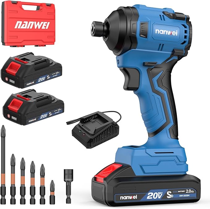 NANWEI 20V Brushless Impact Driver，2100 In-lbs (240N·m) Max Torque, 1/4" Hex Shank, 2 x 2.0Ah Batteries, and Bit Set – Ideal for Heavy-Duty Home Improvement and DIY Projects(With Battery）
