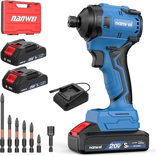 NANWEI 20V Brushless Impact Driver，2100 In-lbs (240N·m) Max Torque, 1/4" Hex Shank, 2 x 2.0Ah Batteries, and Bit Set – Ideal for Heavy-Duty Home Improvement and DIY Projects(With Battery）