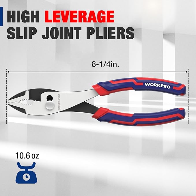 WORKPRO 8??Slip Joint Pliers Tool, Large Soft Grip,Rust Prevention Finish, 3-Zone Serrated Jaw Forged from High Carbon Steel for Maximum Grip