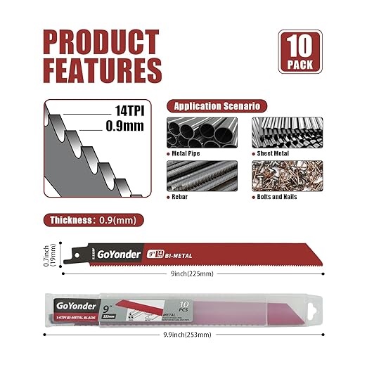GoYonder Reciprocating Saw Blades 9 Inch 14TPI Saw Blades for Metal Pipe, Sheet Metal, Rebar, Bi-Metal Saw Blades Wear Resistance Sharp for Metal Cutting with Organizer Case (10-Pack)