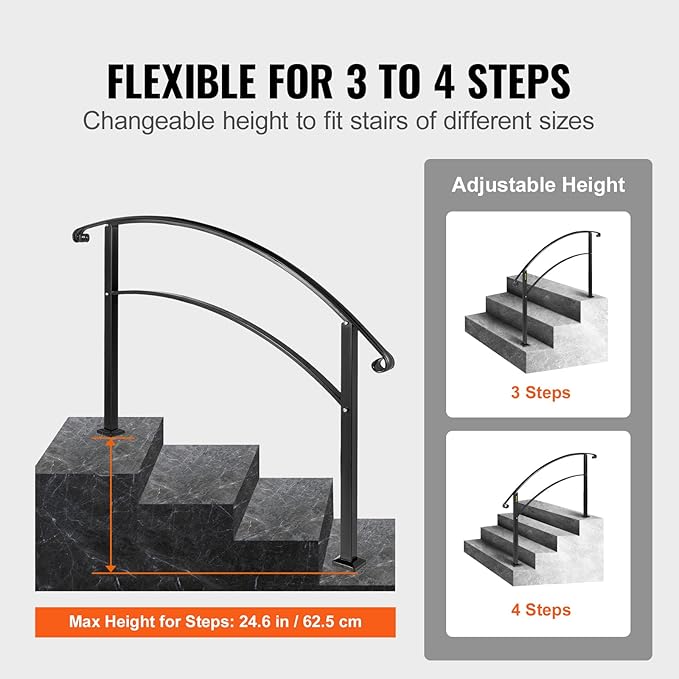 VEVOR Outdoor Steps Handrail, Black Arch#1 Adjustable Metal Staircase Railing for Porch & Deck