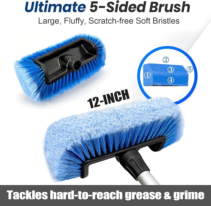 72" Car Wash Brush with Long Handle, Flow-Thru Soft Bristle Car Washing Brush with Extendable Handle and Hose Attachment and On/Off Switch for Car, RV, SUV, Truck, Boat, House Siding（Blue）