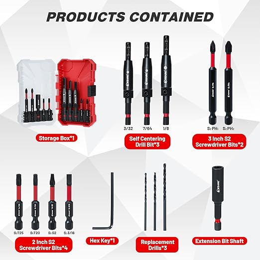 EZARC 14PCS Self Centering Drill Bit Set, Center Drill Bit Set with Replacement Bits, Screwdriver Bits & Bit Holder - 1/4" Hex Shank for Cabinet Hinges & Woodworking with Storage Box