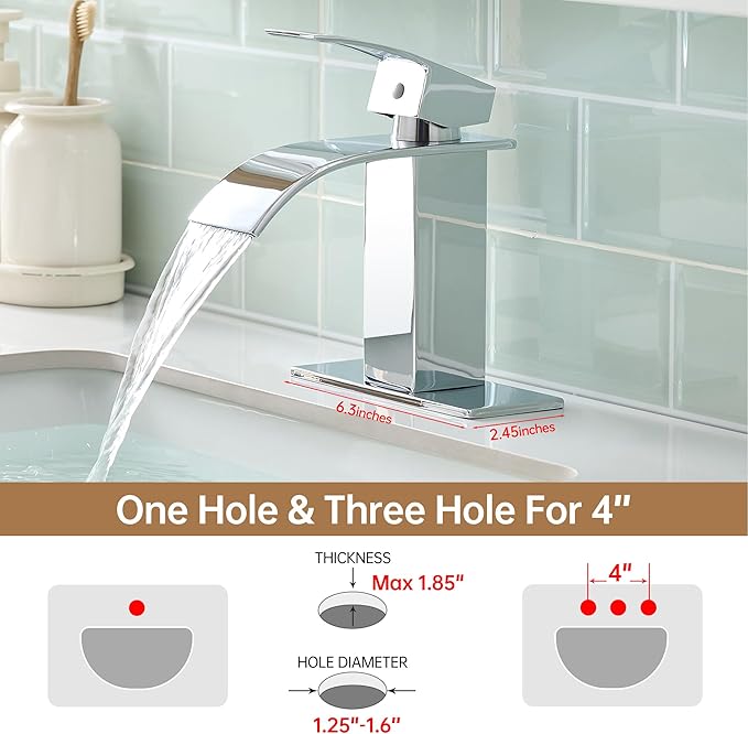 FRANSITON Black Waterfall Bathroom Faucet Lavatory Single Handle 1 or 3 Hole Bathroom Sink Faucet Washbasin Faucet with Deck and Pop-up Drain (Chrome, Short)