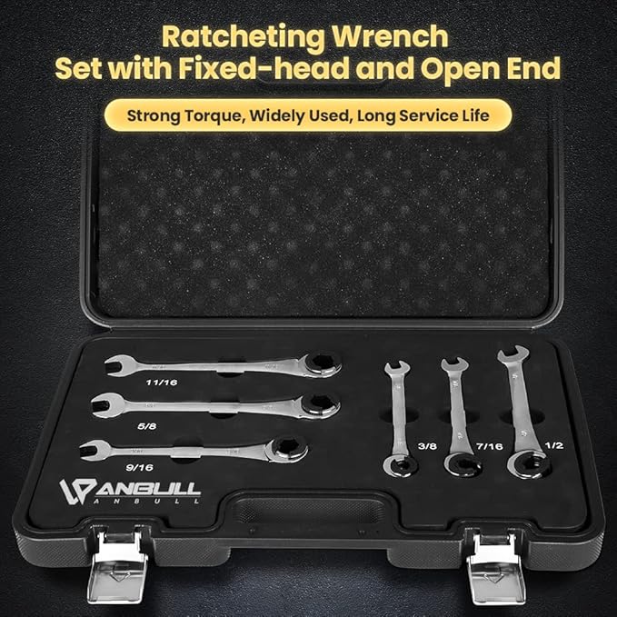 Anbull 6PCS SAE Combination Ratcheting Wrench Set with Open-end Fixed-Head, Tubing Ratchet Spanner with 72 Gears Cr-V Steel Constructed 3/8'' 7/16'' 1/2'' 9/16'' 5/8'' 11/16''