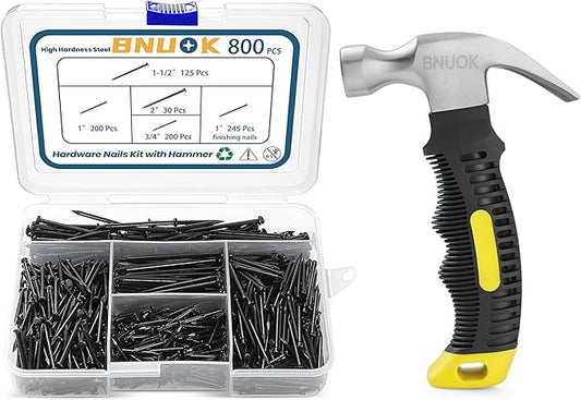 Hardware Nails Assortment Kit and 8oz Small Hammer, 800 PCS Black Nails for Hanging Pictures,Hammer and Nail Set, Small Hammers for Picture Hanging