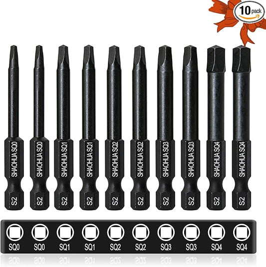 10PCS Square Drill Bit, 2.36" Magnetic Head Robertson Screwdriver, 1/4 Inch Hex Shank Square Bit Set Sizes #0,1,2,3 and #4, PREMIUM S2 Alloy Steel Robertson Driver Bits, Pocket Hole Screw Drill Bit