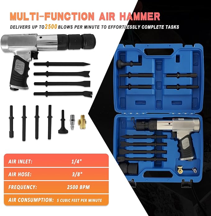 Air Hammer with 14-PCS Air Chisel 竊똀ir Chisel Hammer -Tapered Punche,Air Hammer Kit-Panel Cutter,Air Chisel Hammer-Flat Chisel,2500 BPM