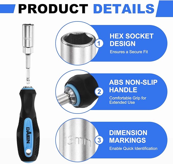 HARFINGTON Metric Nut Driver 13mm CR-V Non-Magnetic Detachable Tip Hollow Shafts Hex Socket Screwdriver with Anti-Slip Handle for Automobile Repair Bit Driver, Blue/Black