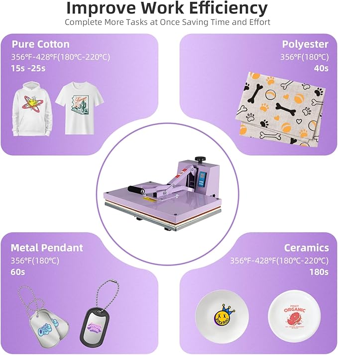 Heat Press 16x24 in, Manual Heat Press Machine for T Shirts, Swing Away T Shirt Pressing Machine for Garments Bag Textile Curtain Mousepad, with Slide-Out Base, Purple