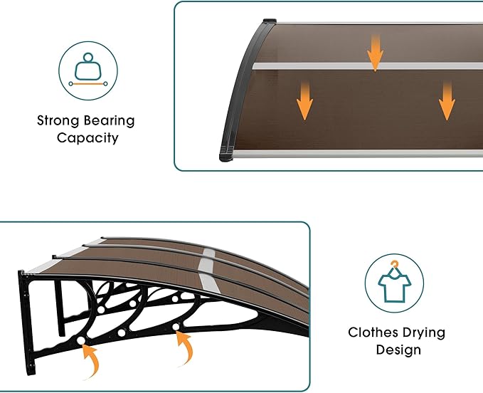 MCombo 115.9" x 37.8" Window Awning Outdoor Polycarbonate Door Shade Patio Cover Canopy, 6055-4012 (Brown Board with Black Bracket)