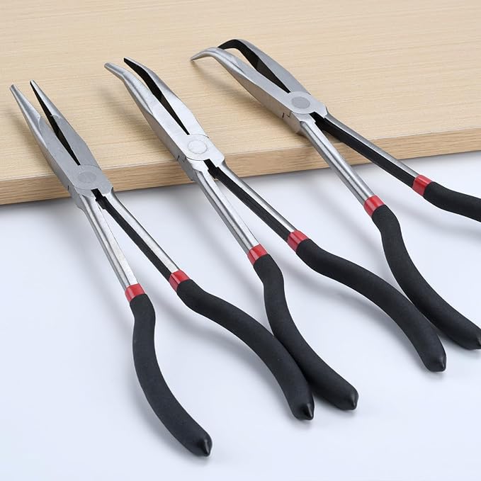 3-Piece 11" Precision Long Nose Pliers Set with Insulated Comfort Grip Handles,Straight Long Needle Nose Pliers,25/45 Degree Angle Curved Pliers for Wire Bending,Shaping,Trimming