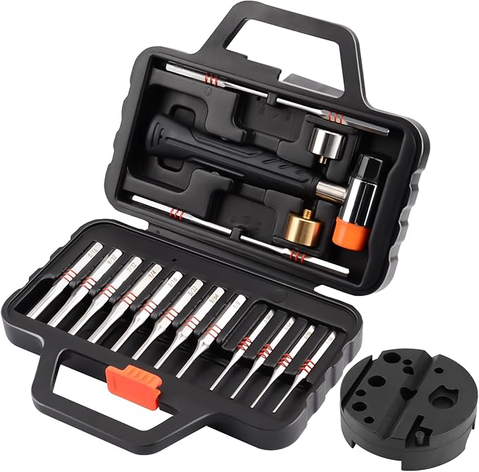 Pridefend Punch Set, Roll Pin Punch Set Made of Solid Material,Including Steel Pin Punch Set, Roll Pin Starter Punch and Hammer,with Organizer Storage Box (with Bench Block)