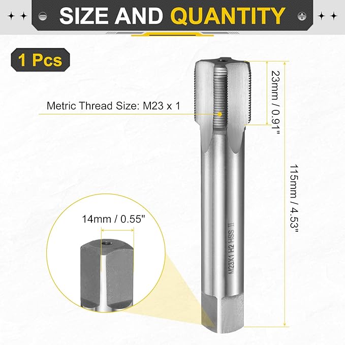 uxcell Hand Plug Tap M23 x 1 H2 Metric Thread Plug Style Taps Straight Flute Screw Tapping Threading Tool High Speed Steel HSS6542