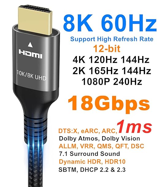 8K HDMI Cable 48Gbps 33 FT, Nylon Braided High Speed HDMI짰 Cable 4k 120Hz 2k 165Hz 8k 60Hz 12bit eARC ARC Dolby Atmos HDR10+ HDCP2.3 Compatible for Gaming PC TV Soundbar Monitor Mac PS5 Xbox