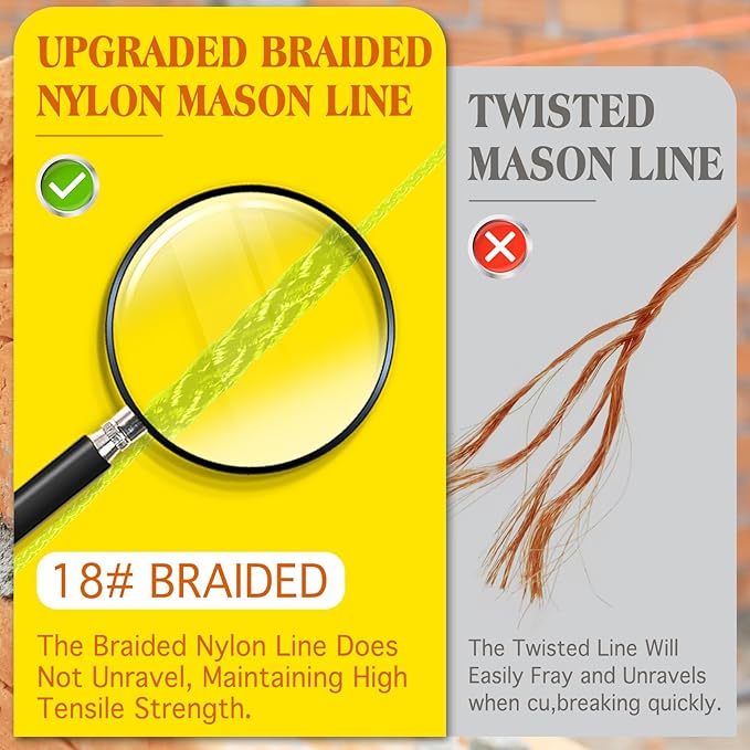 Mason Line with Handle,Twisted 540 FT #18 Braided Nylon Mason String,Construction Line,String Level Line Kit for Gardening Or Masonry Tools,Kite Twine String or DIY, Fluorescent Yellow