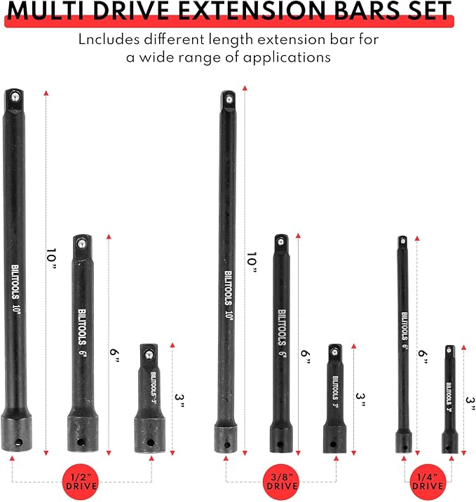 BILITOOLS 18-Piece Impact Socket Extension Set,includes 1/4" 3/8??& 1/2??Drive Extension Bar, Socket Adapter, Universal Joints, Cr-V Steel