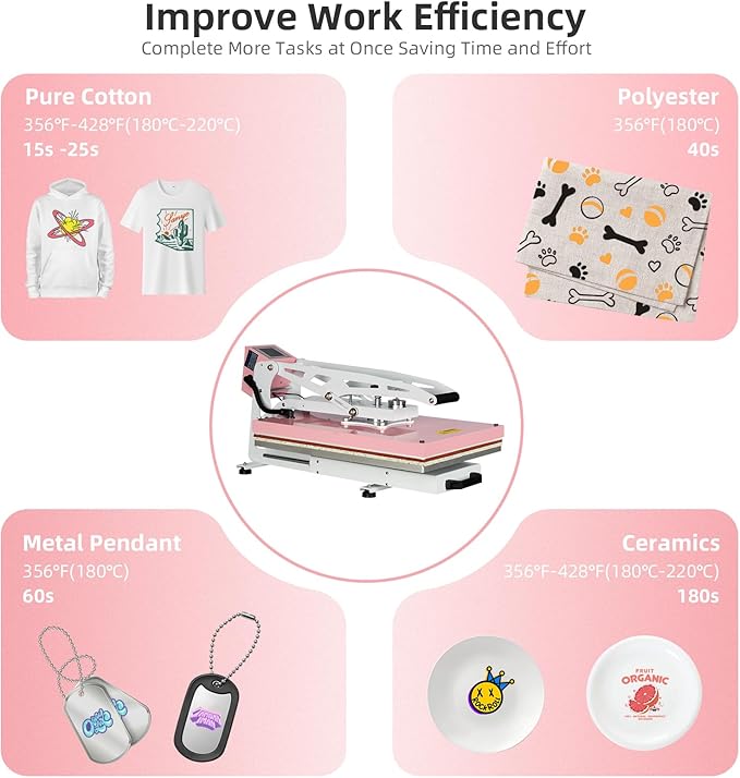 16x24 Heat Press Machine, Semi-Auto Commercial Heat Press, for T Shirts, Garments, Bags, Textiles, Curtains, Mousepads, Perfect for POD & Home DIY & Small Business Customization, Pink