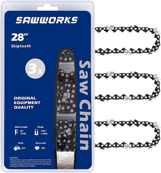 SawWorks 3-Pack Skiptooth 28 Inch Chainsaw Chain 3/8" Pitch .050" Gauge 93 Drive Links for X-CUT C83S Husqvarna 585550093, 585551293, Oregon 72EXJ093G and More