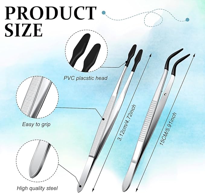 Zhehao 4 Pieces Tweezers with Rubber Tips PVC Coated Set Rubber Straight Flat Tip Long Bent Tweezers for Stamps Crafts Beads Jewelry Tools