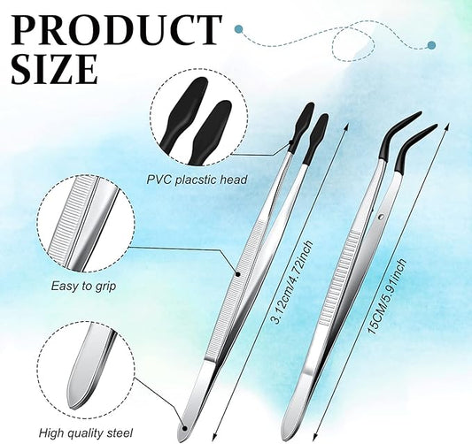 Zhehao 4 Pieces Tweezers with Rubber Tips PVC Coated Set Rubber Straight Flat Tip Long Bent Tweezers for Stamps Crafts Beads Jewelry Tools