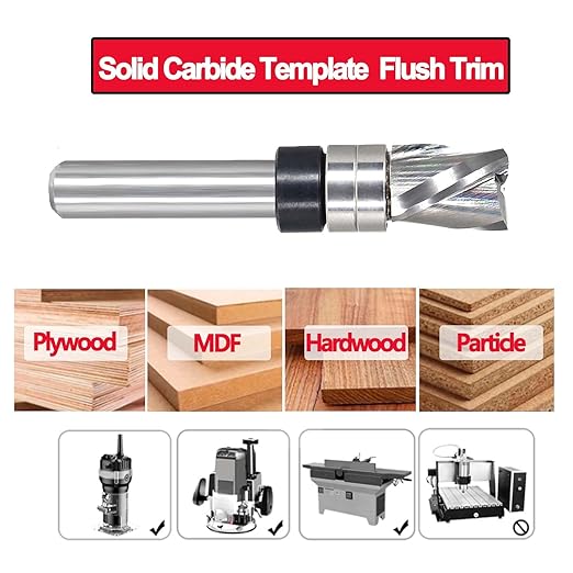 Flush Trim Router Bit 1/4 Shank, Down-Cut Carbide Head 3-Flute, 3/8" Diameter, 1/2" Cutting Length, Pattern Template Spiral Flush Trim Router Bit, for Grooves, Bottom Cleaning, Wood Trimming