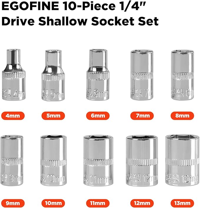Egofine 10PCS 1/4??Drive Standard Socket Set,Shallow Socket Set,Metric竊?-13mm,6 Point Socket With Hanging Bracket,Cr-V Steel
