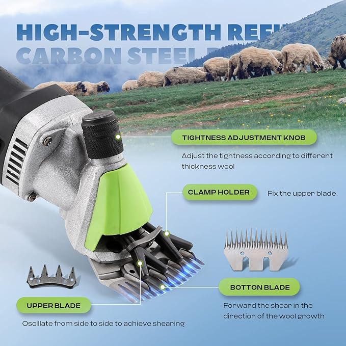 Sheep Shears Professional 850W 2400RPM Heavy Duty with 4 Blades (13-Teeth Straight/13-Teeth Curved/9-Teeth Straight/9-Teeth Curved) 6 Speed Adjustable for Thick Coat Animal (Size: 13.8*3.6")