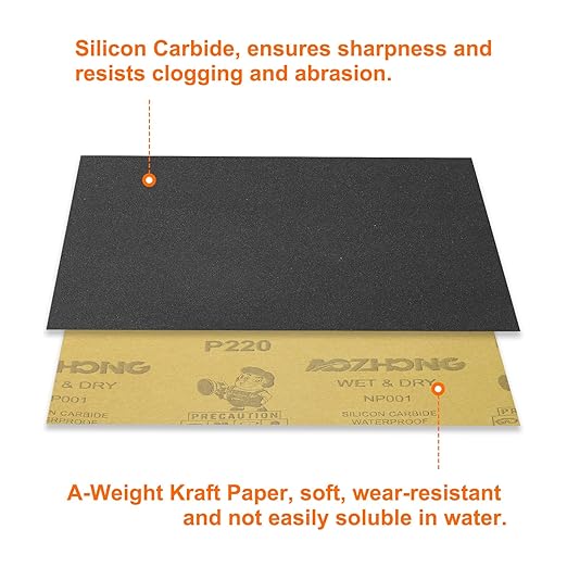 HARFINGTON 50pcs Sandpaper 220 Grit 9 x 11 Inch A-Weight Backing Silicon Carbide Abrasive Wet Dry Sanding Sheets for Wood Finishing, Metal Sanding, Automotive Polishing