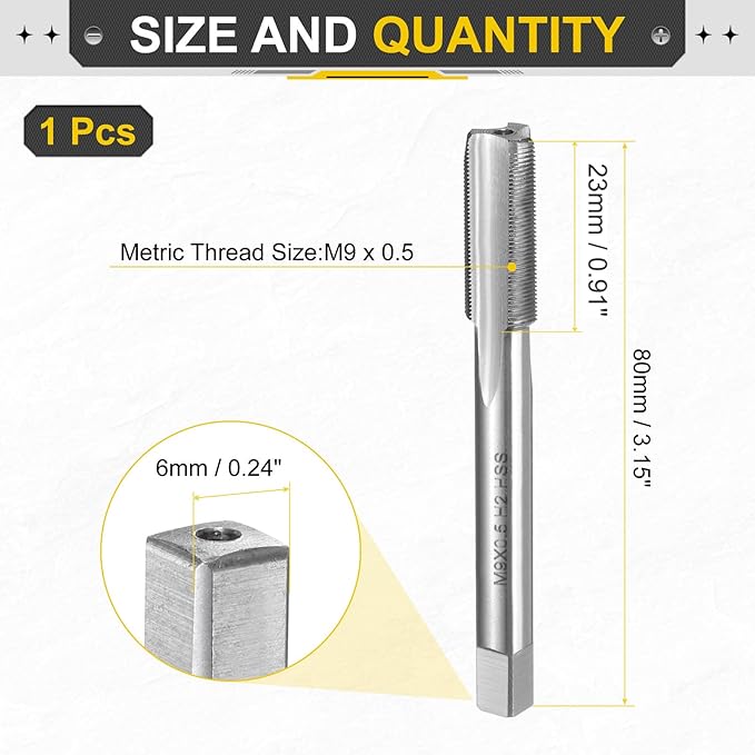 uxcell Hand Plug Tap M9 x .5 H2 Metric Thread Plug Style Taps Straight Flute Screw Tapping Threading Tool High Speed Steel HSS6542