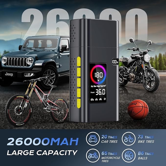 180psi Tire Inflator Portable Air Compressor,26000mah Air Pump For Car Tires,5x Fast Bicycle Pump With Digital Lcd Pressure Gauge/Led Light/Power Bank, Bike, Motorcycle, Ball-1pcs