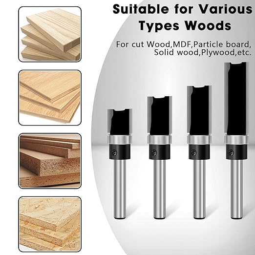 Feanron 4 Pcs Flush Trim Router Bit Set 1/4 Inch Shank, Carbide Tipped Straight Cut Pattern Router Bits Bottom Bearing, Sharp Double Blade Plunge Template Bit Woodworking Tools for Trimming (Black)